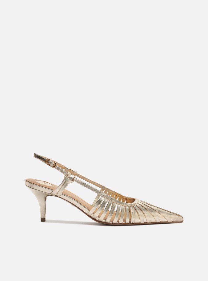 Scarpin Dourada Salto Fino Fivela Slingback