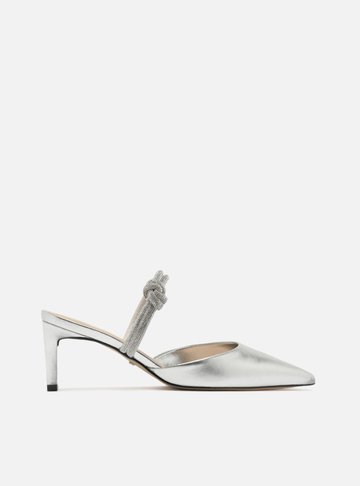 Scarpin Prata Couro Aberto Tiras Strass