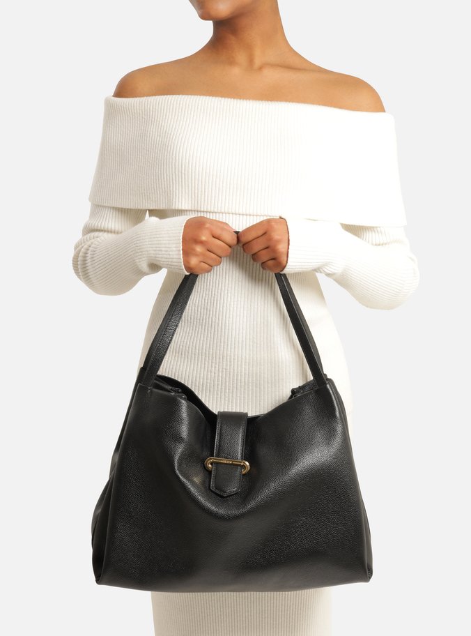 Bolsa Hobo Preta Couro Grande Tira Metal