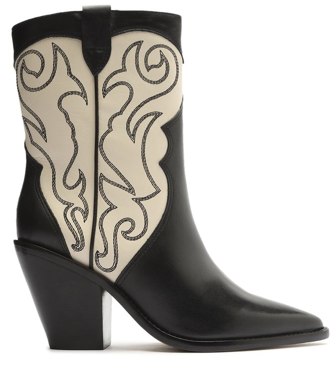 Bota Preta Couro Cano Médio Bordado Western Taylor