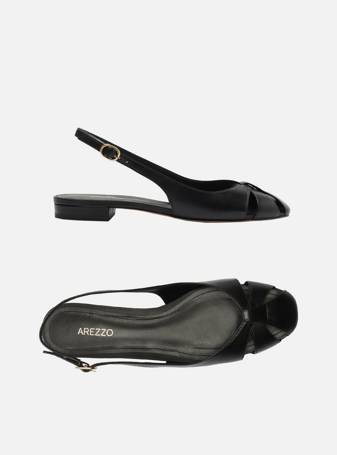 Sapatilha Preta Couro Slingback Cabedal Vazado