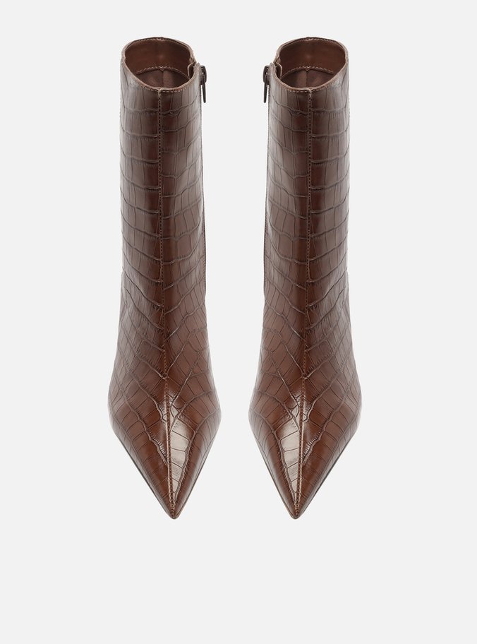 Bota Marrom Croco Cano Médio Salto Fino