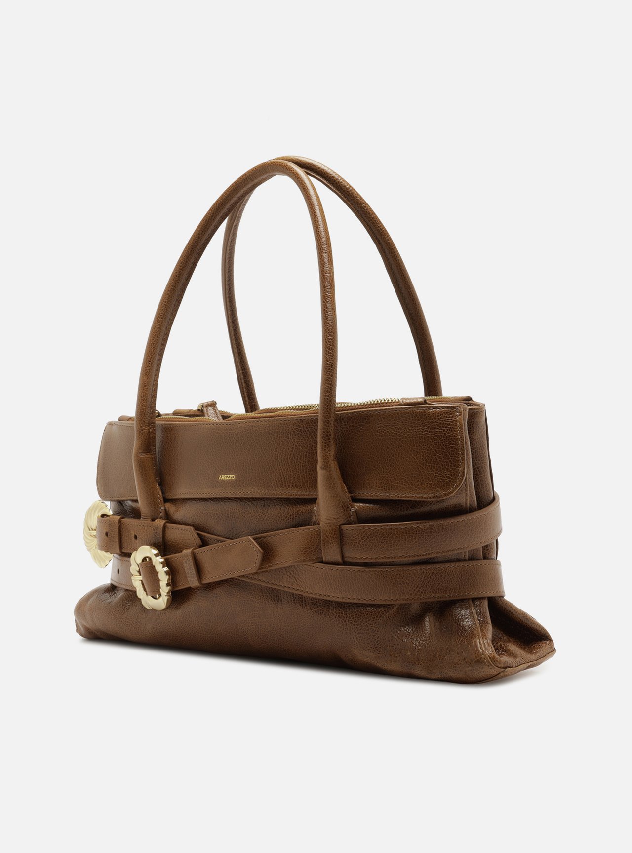 Bolsa Shoulder Marrom Couro Grande Fivelas Douradas — foto 2