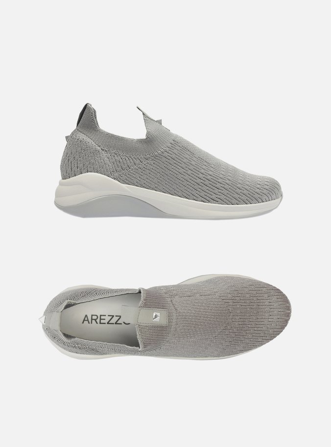 Tênis Slip On Prata Knit Bico Redondo Básico
