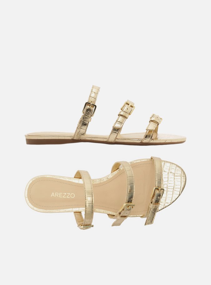 Rasteira Dourada Croco Tiras Fivelas
