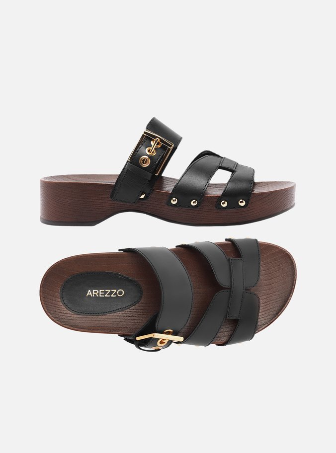 Sandália Clog Preta Couro Flatform Lauren