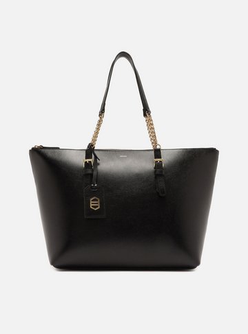Bolsa Shopping Preta Couro Grande Alça Corrente