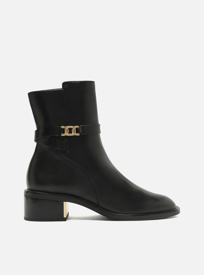 Bota Preta Couro Cano Curto Tira Metal