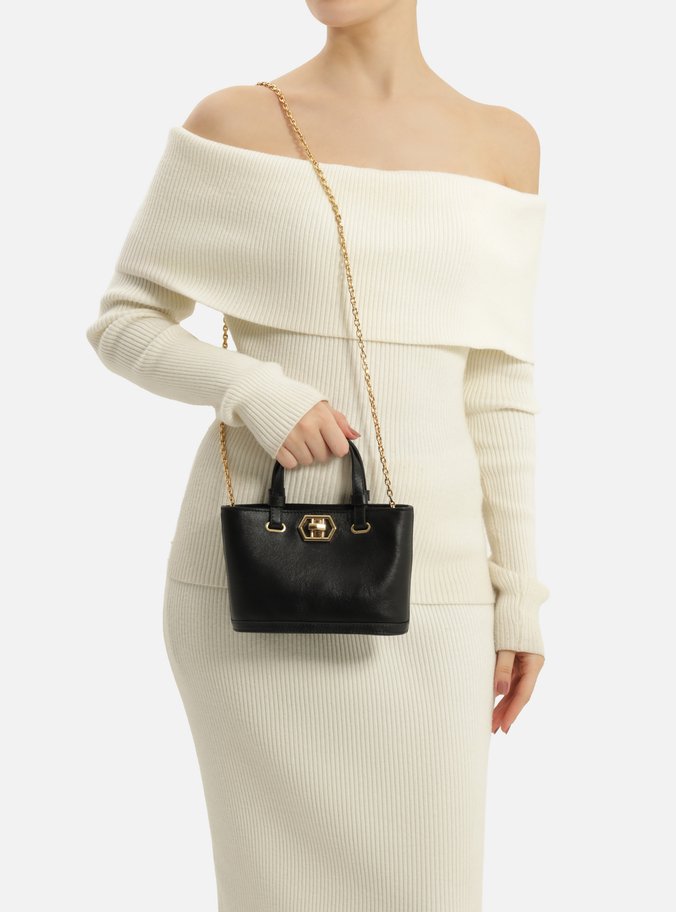 Bolsa Tote Preta Couro Pequena Encaixe Metal