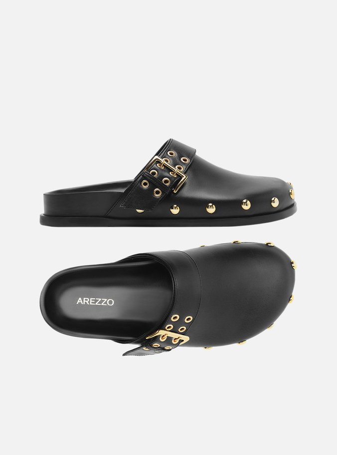Clog Sabot Preta Couro Rasteira Fivela