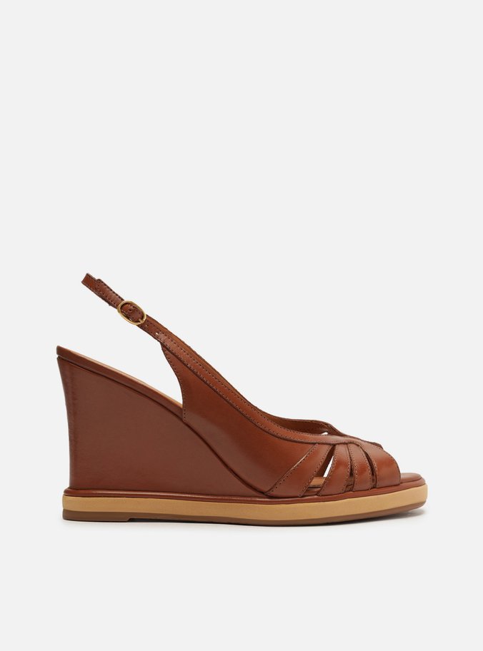 Sandália Marrom Couro Salto Alto Anabela Slingback
