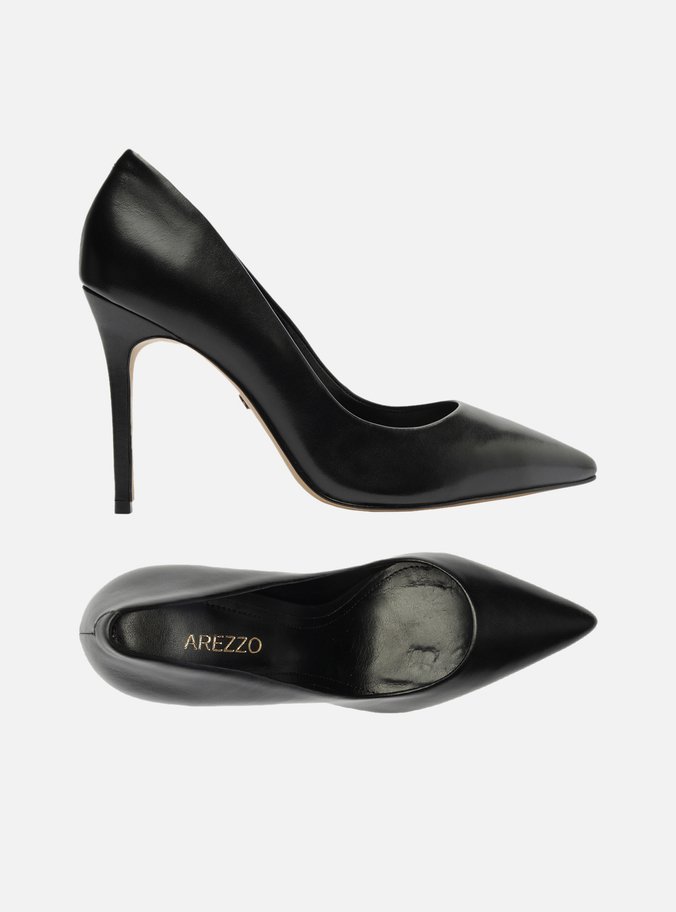 Scarpin Preto Couro Salto Alto Bico Fino