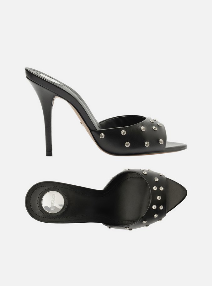 Mule Preta Couro Salto Alto Fino Tachas