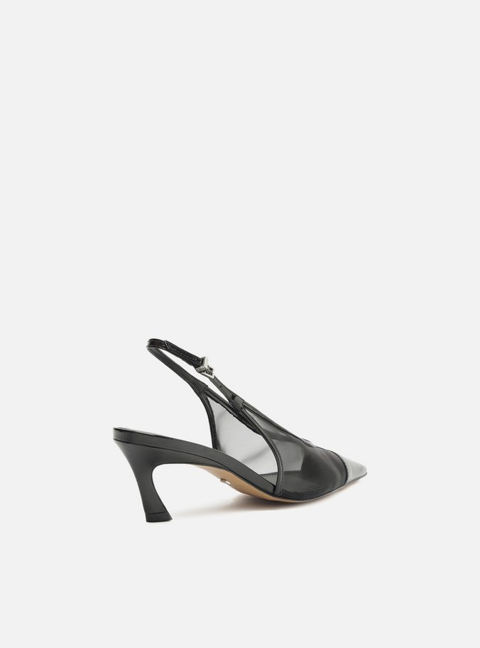 Scarpin Preto Tela Salto Kitten Bico Fino