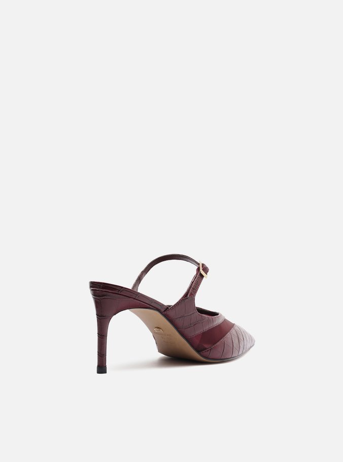 Mule Vermelha Croco Salto Médio Fino Tela