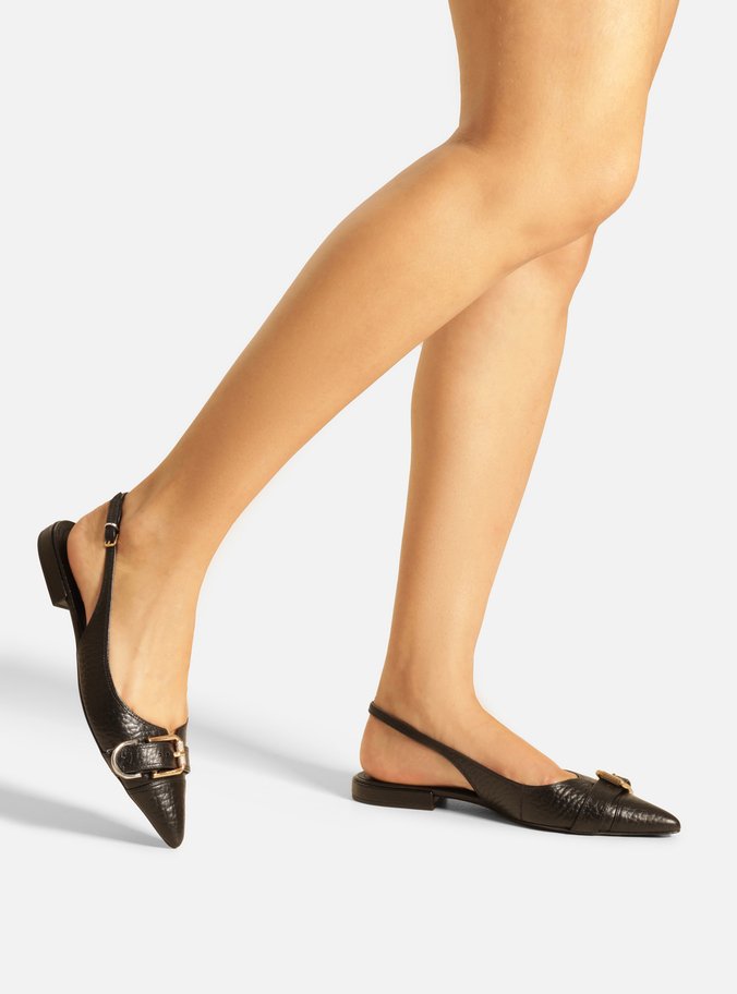 Sapatilha Preta Couro Textura Slingback Fivela