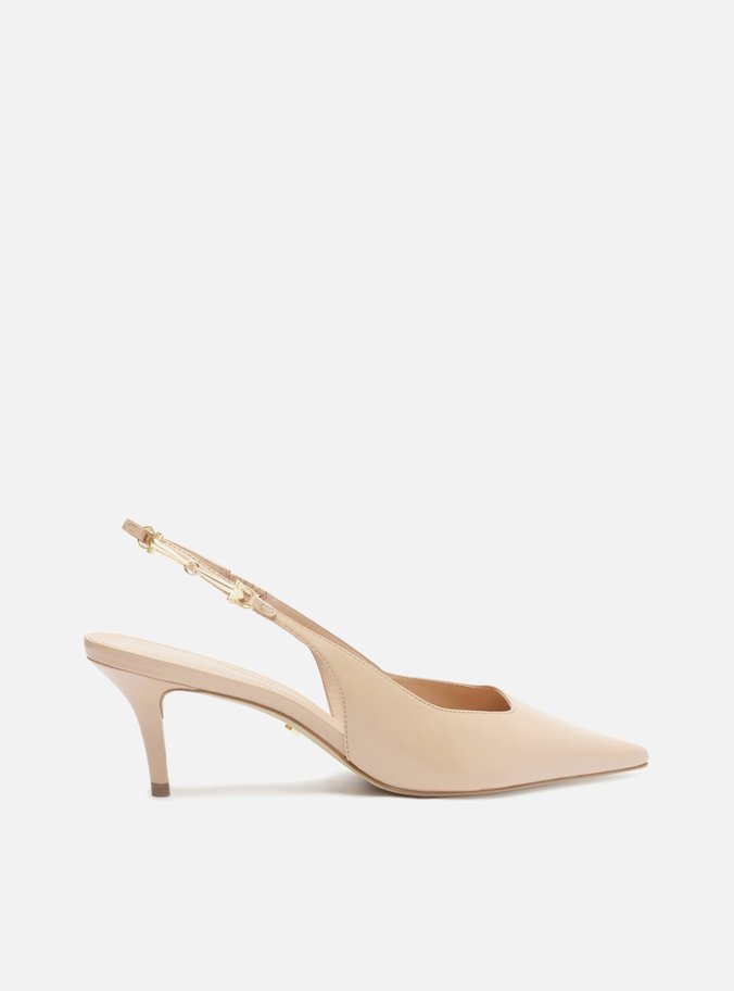 Scarpin Bege Couro Slingback Detalhe Metal
