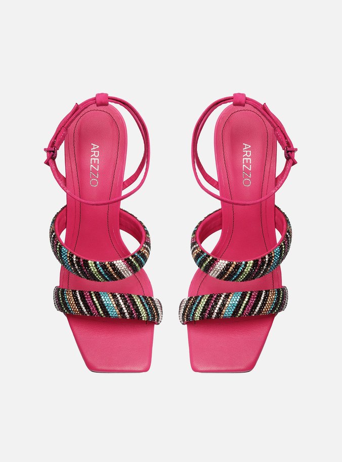 Sandália Rosa Bico Quadrado Tiras Strass