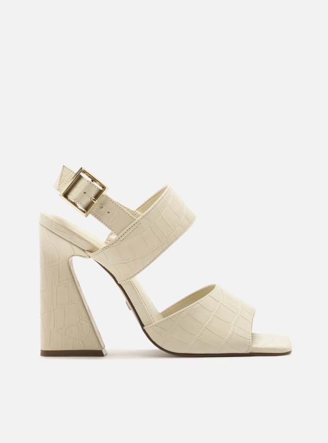 Sandália Branca Croco Salto Alto Bico Quadrado