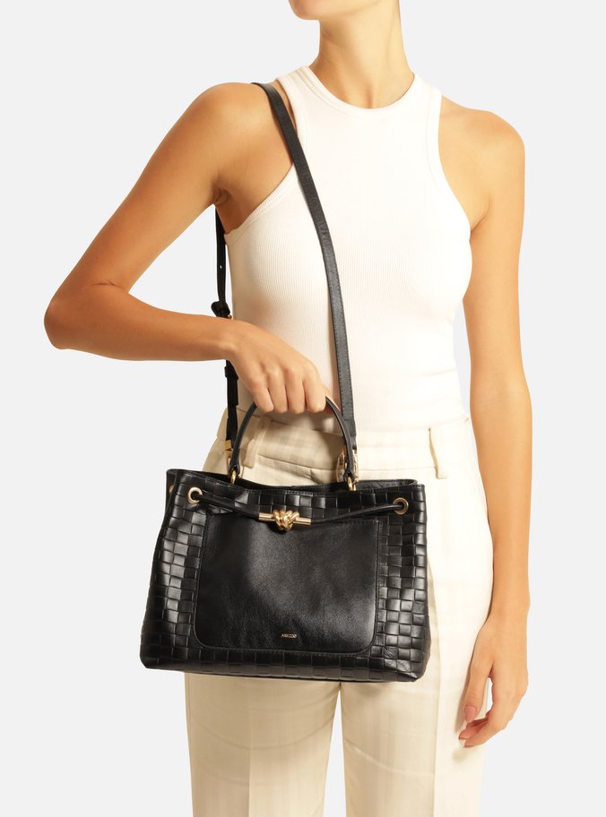 Bolsa Tote Preta Couro Tressê Grande Nó Metal