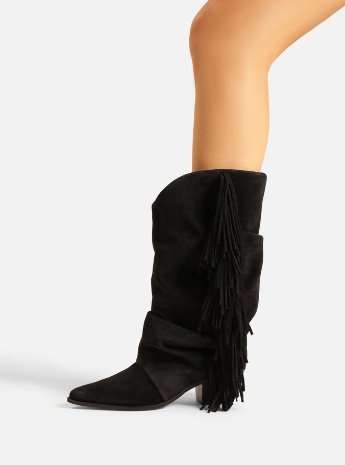 Bota Preta Suede Cano Alto Bloco Franjas