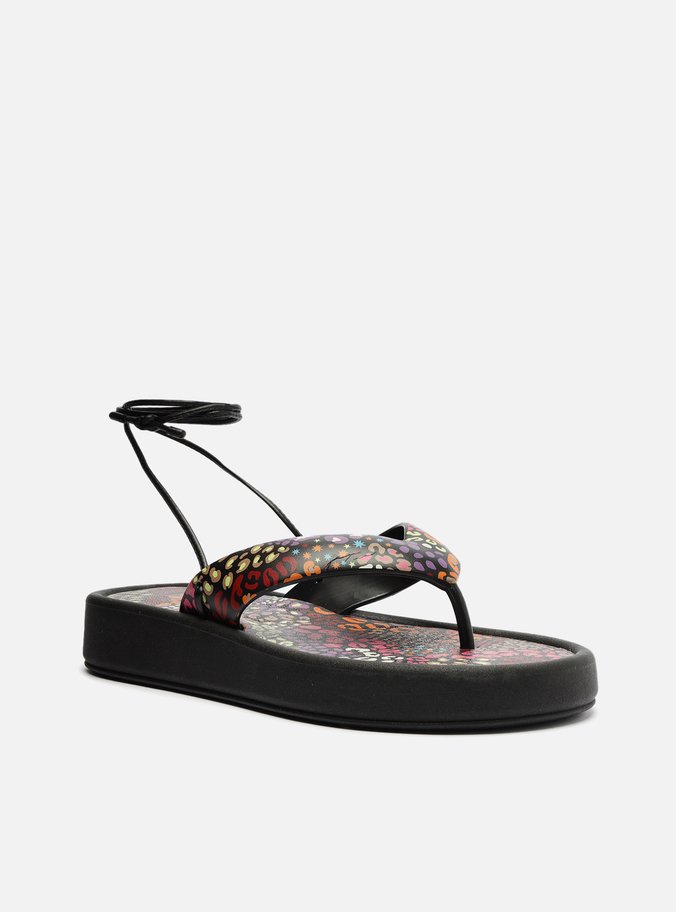 Sandália Rasteira Preta Floral Amarração Brizza