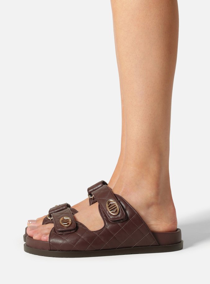 Sandália Papete Marrom Couro Flatform Matelassê