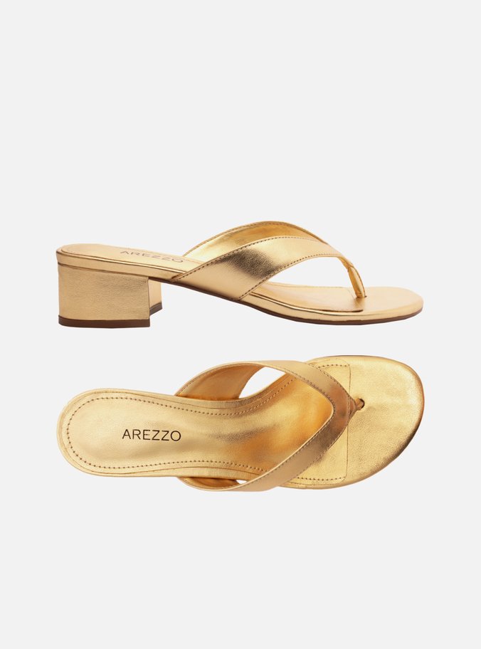 Sandália Dourada Salto Bloco Flip-Flop