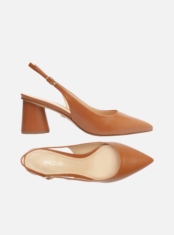 Scarpin Marrom Couro Salto Geométrico Slingback