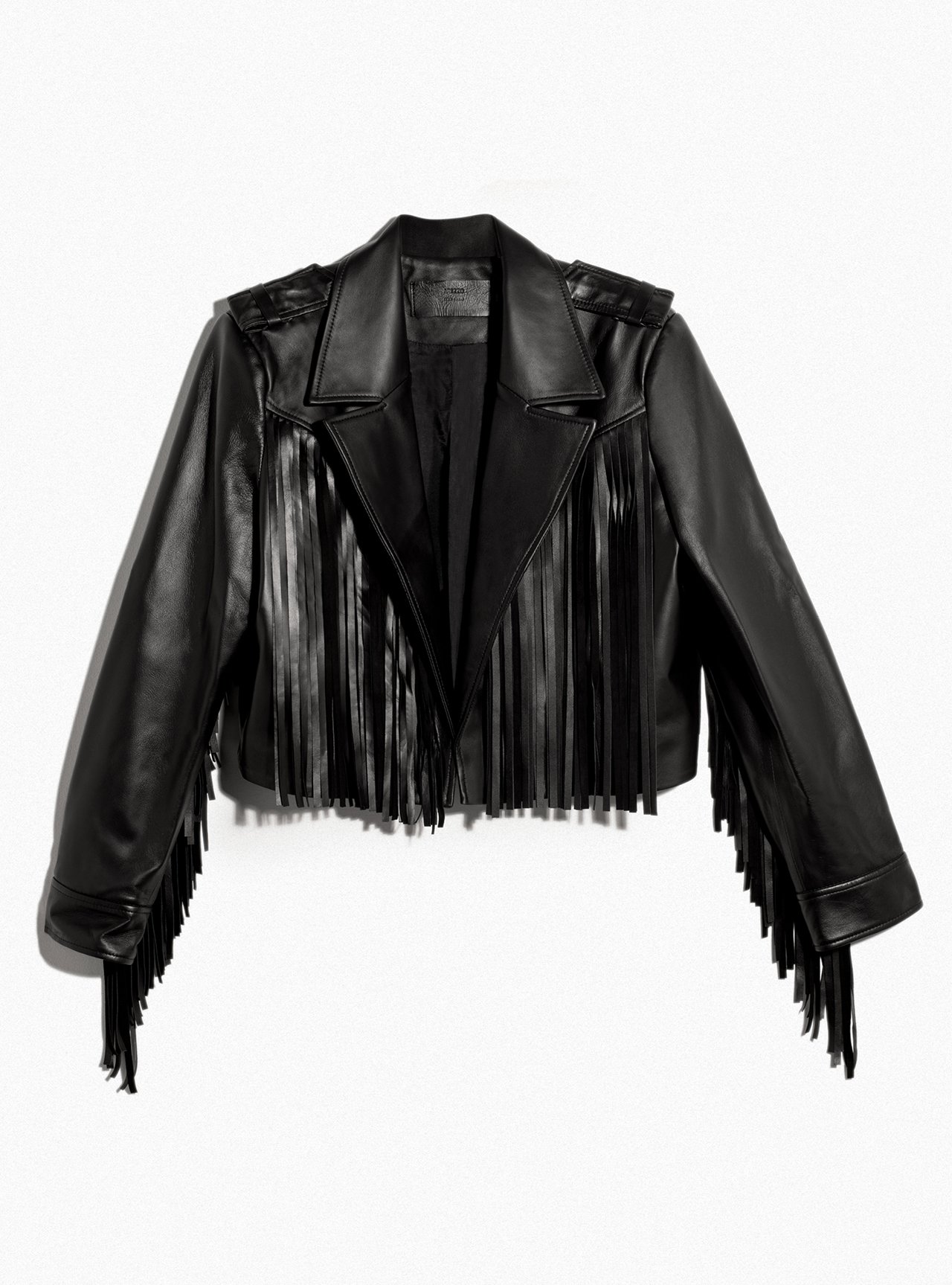 Jaqueta Preta Couro Franjas Arezzo