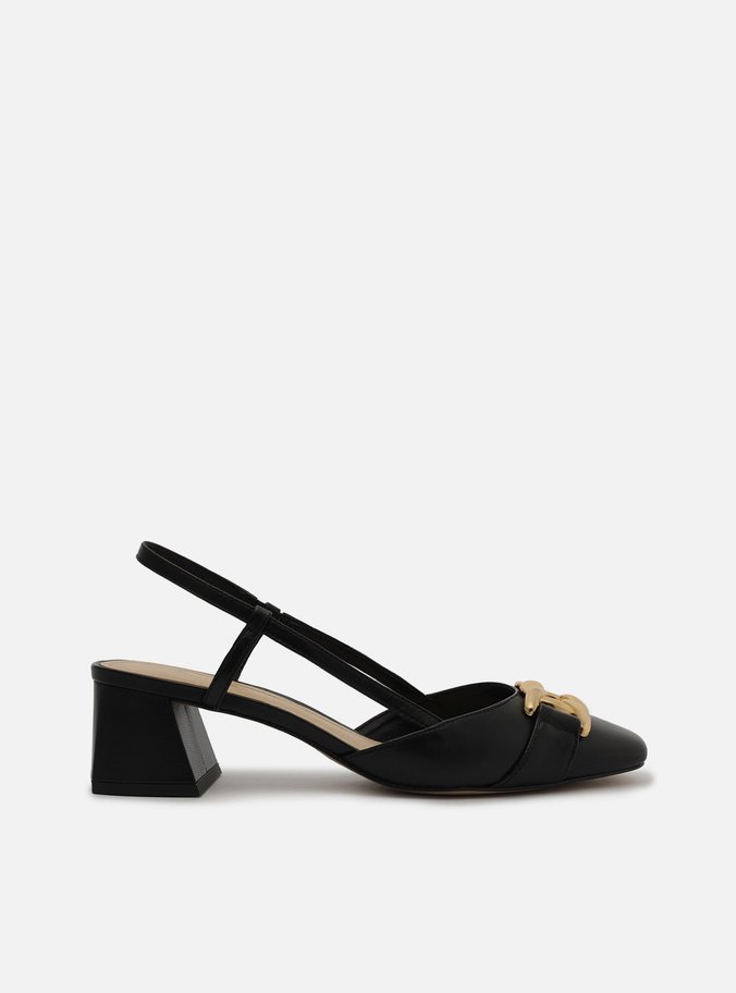 Scarpin Preto Couro Bico Quadrado Aberto Metal