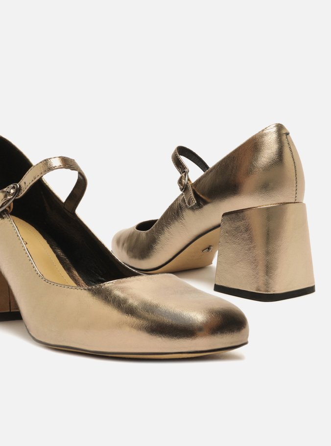 Sapato Boneca Dourado Couro Salto Bloco Tira Fivela