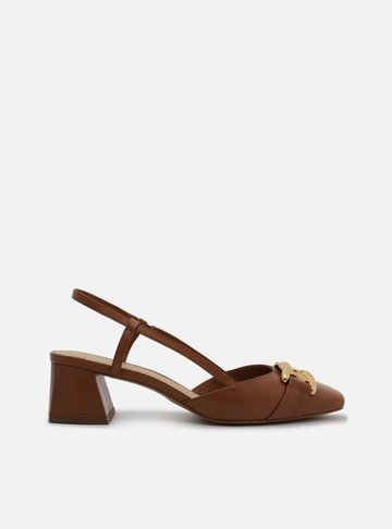 Scarpin Marrom Couro Bico Quadrado Aberto Metal