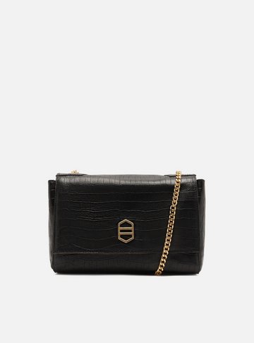 Bolsa Tiracolo Preta Couro Croco Média Reversível
