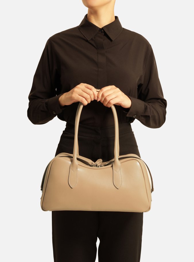 Bolsa Bowling Bege Couro Grande Zíper Duplo
