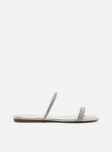 Rasteira Prata Bico Redondo Tiras Strass