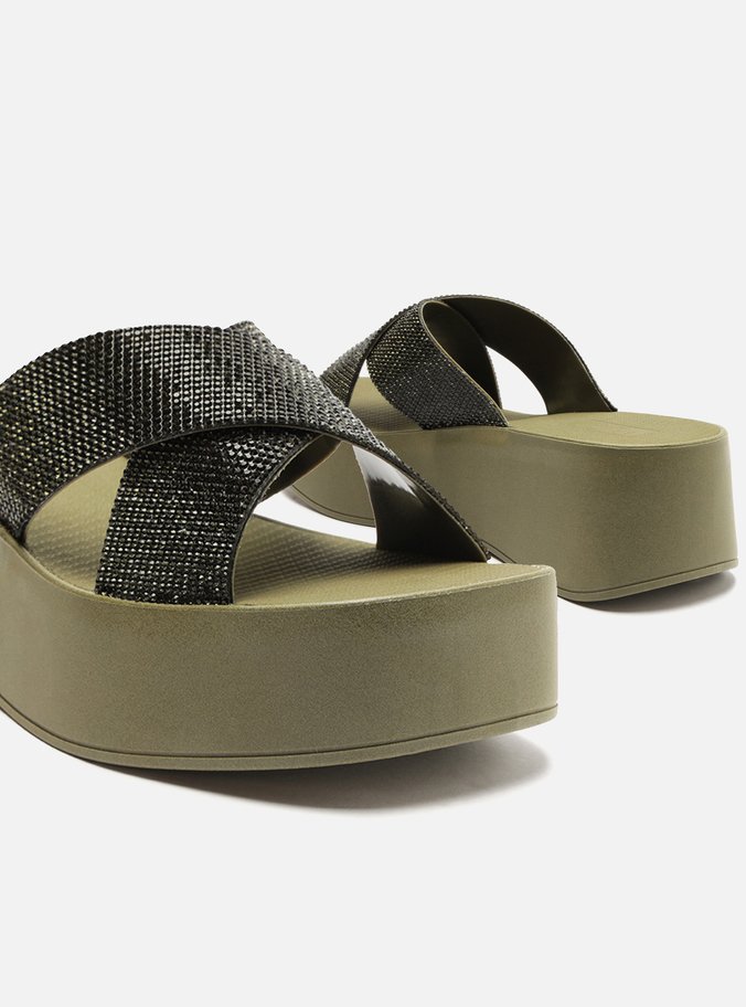 Tamanco Verde Flatform Tiras Strass Lulu