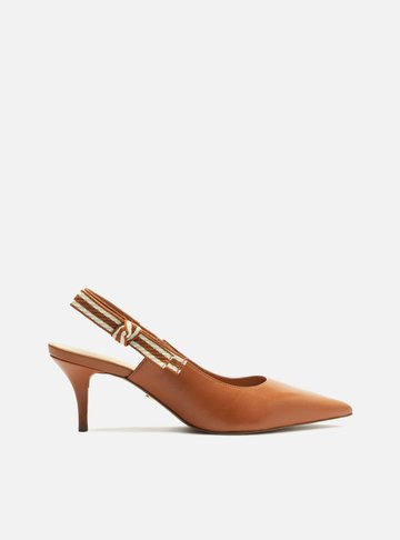 Scarpin Marrom Couro Salto Baixo Slingback Laço