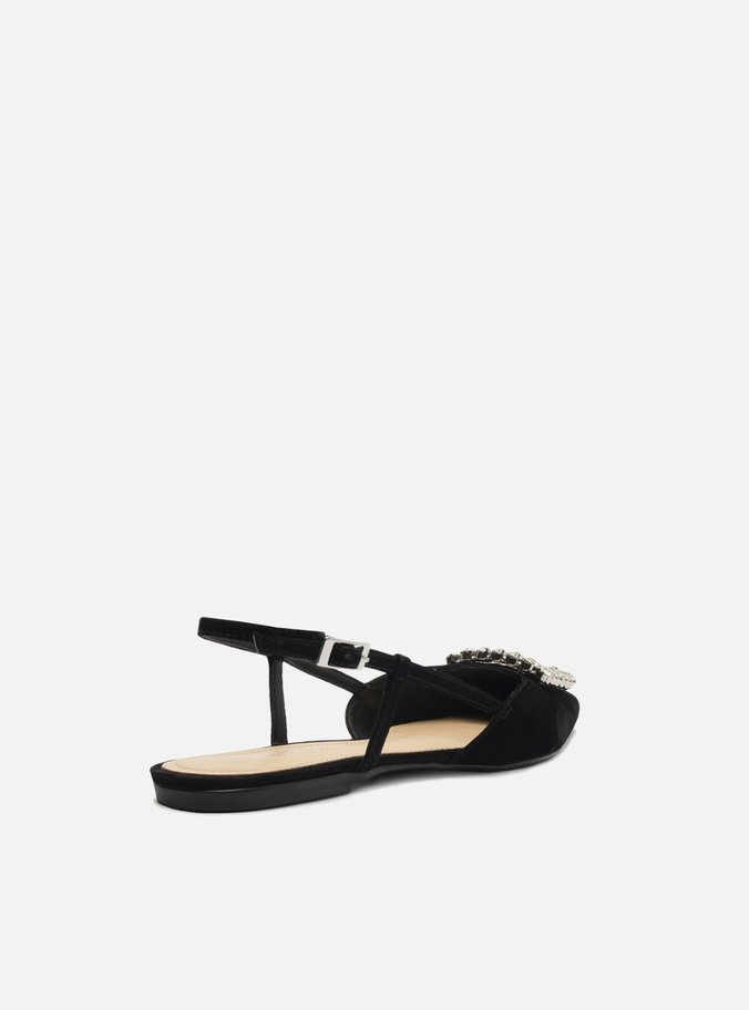 Sapatilha Preta Nobuck Bico Fino Slingback Pedraria