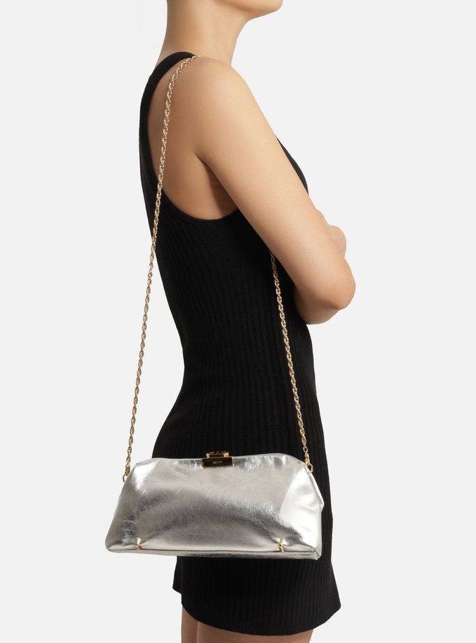 Bolsa Clutch Prata Couro Média Corrente Metais