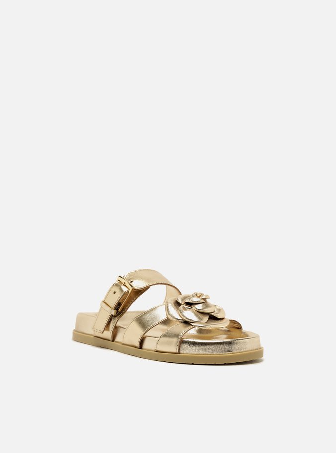 Sandália Rasteira Dourada Couro Flor Fivela