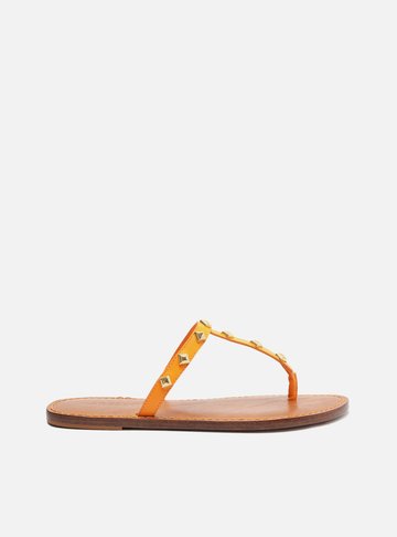 Sandália Rasteira Laranja Couro Slim Studs Ella