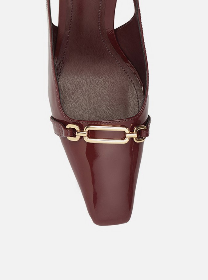 Scarpin Vinho Verniz Salto Alto Slingback Metal