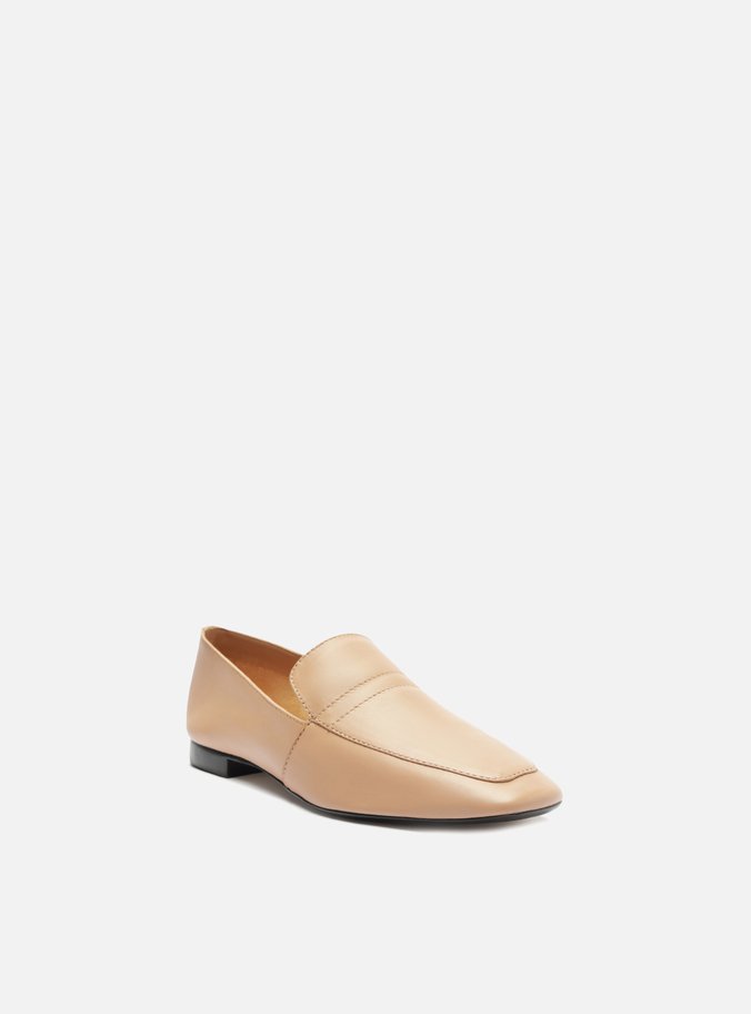 Mocassim Bege Couro Bico Quadrado Liso