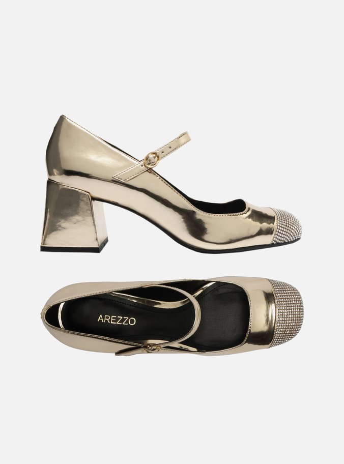 Sapato Boneca Dourado Salto Bloco Strass