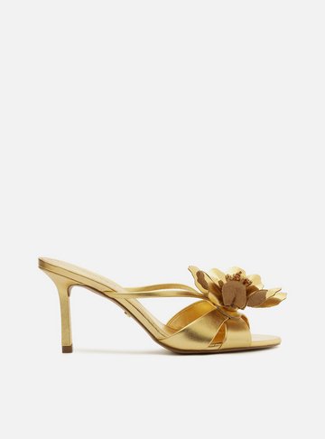 Mule Dourada Couro Salto Fino Flor