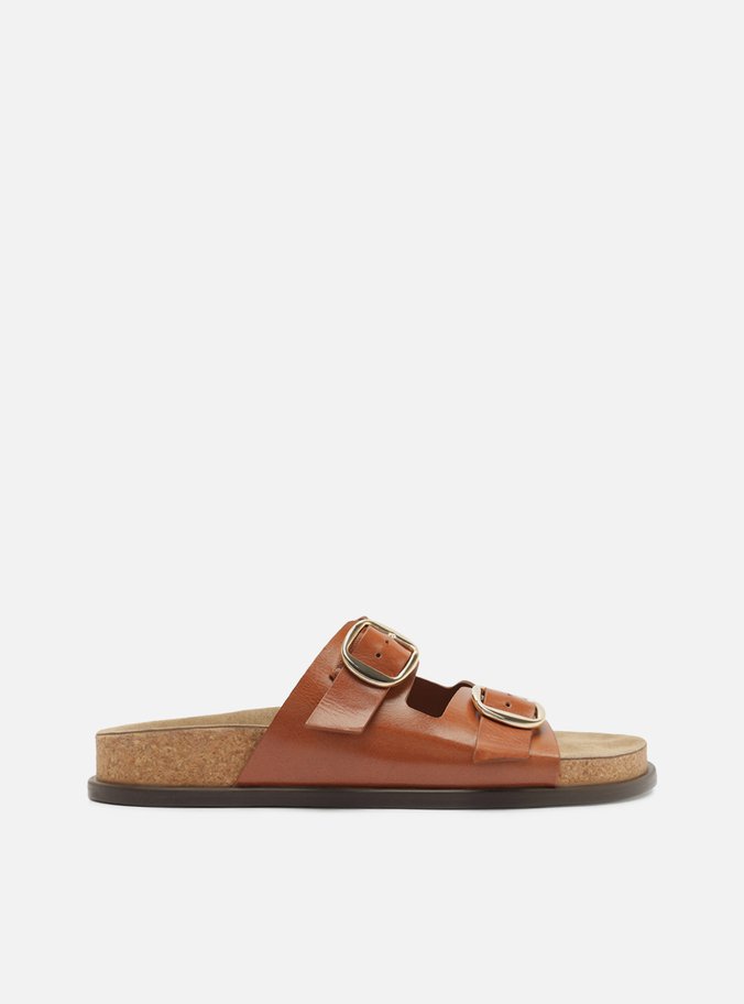 Sandália Papete Marrom Couro Flatform Metais