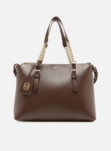 Bolsa Tote Marrom Couro Grande Alça Corrente