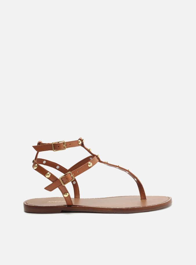 Rasteira Marrom Couro Slim Gladiadora Tachas