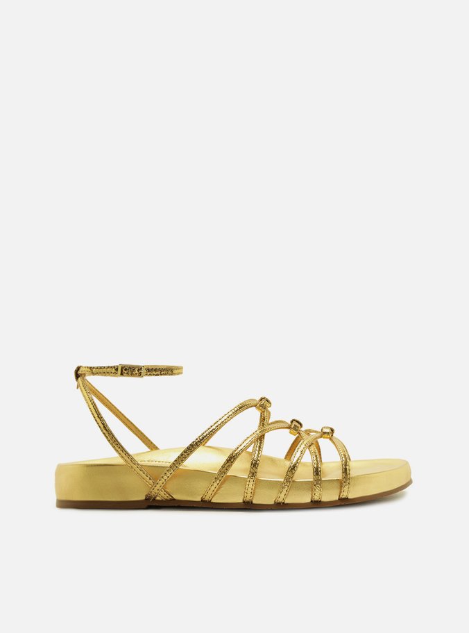 Sandália Rasteira Dourada Couro Flatform Laços